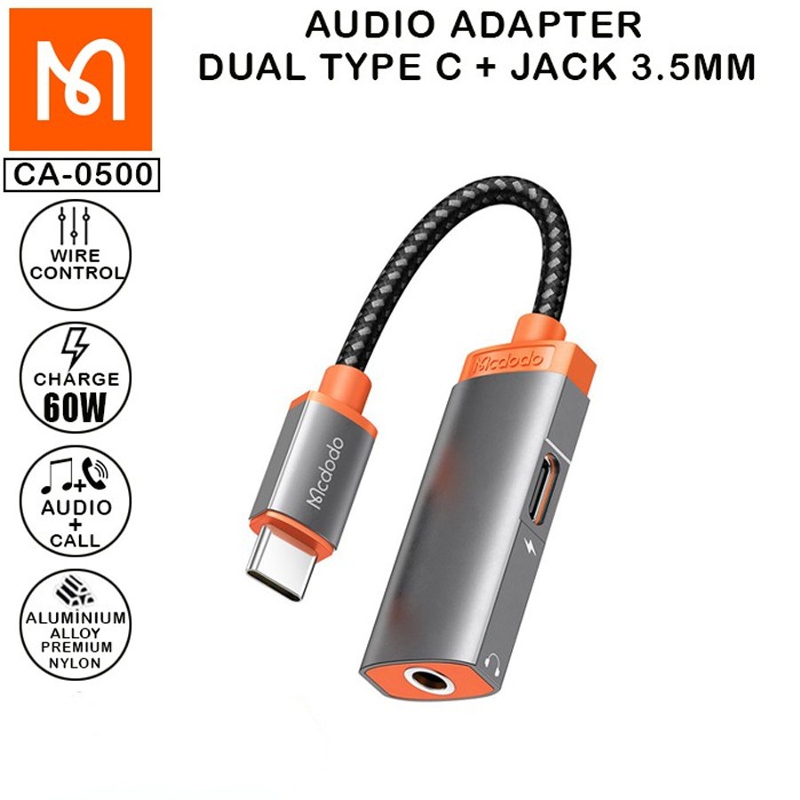 Mcdodo CA-0500 Converter 2 In 1 Audio Adapter Type C To Earphone Jack 3.5MM + Charging 60W