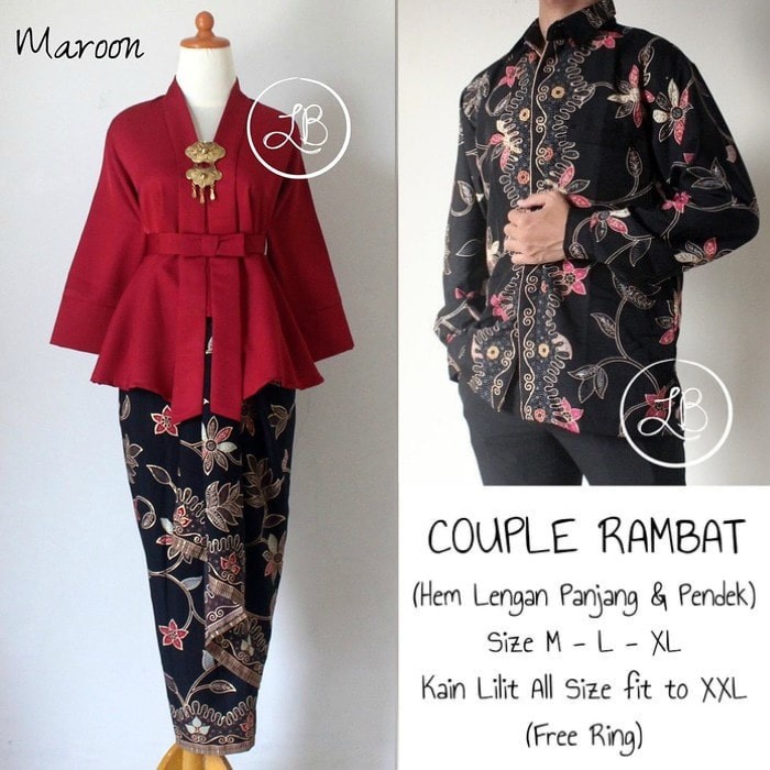 SETELAN KEBAYA COUPLE / BATIK COUPLE MODEL FLOY MAROON RAMBAT DAN KEMEJA
