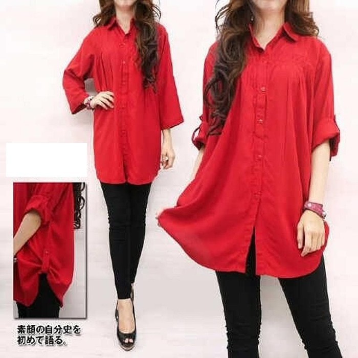 Best Seller Knit Kombi Top Wanita Import Atasan Cewek VJ428 Kemeja Jumbo Polos Merah / A