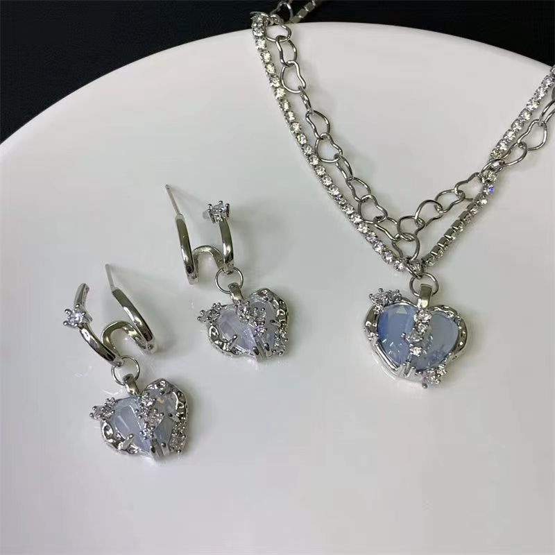 Set Perhiasan Kalung Anting Cincin Opal Berlian Bentuk Hati Gaya Vintage Korea Untuk Wanita