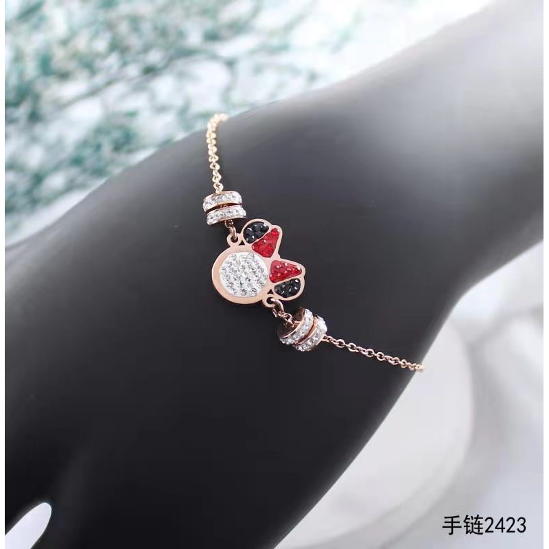 Gelang Tangan Rantai Titanium Minnie Putih Pita Merah Dengan 4 Ring Kristal Artifisial