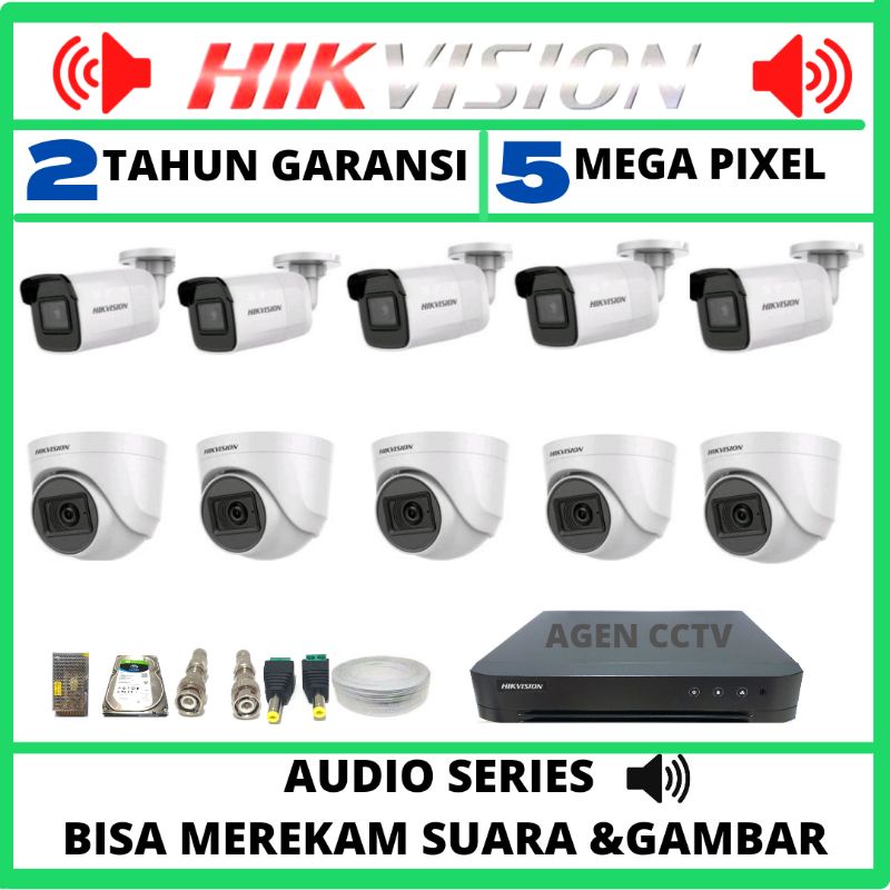 PAKET CCTV HIKVISION 16 CHANNEL 10 KAMERA 5MP AUDIO  SERIES BISA MEREKAM SUARA DAN GAMBAR KOMPLIT