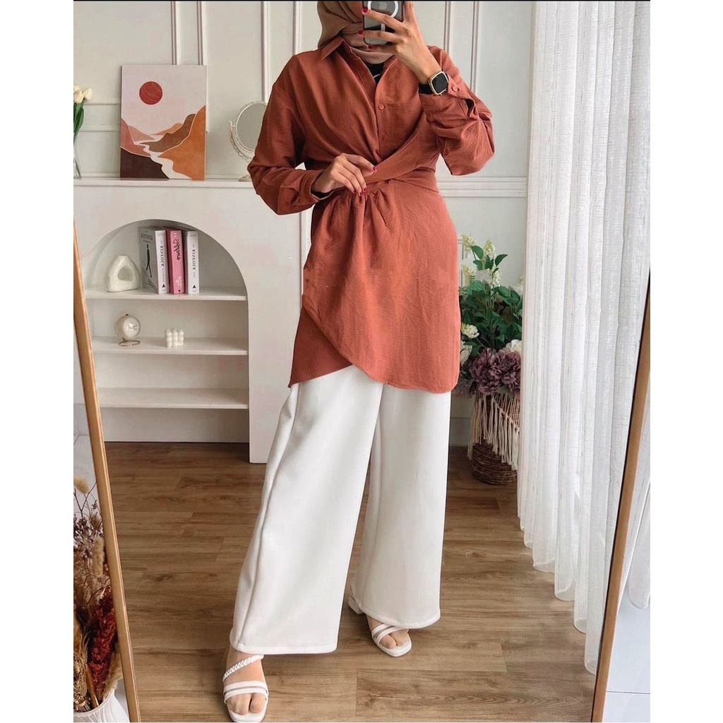 ACELI TUNIK CRINCLE AIRFLOW POLOS / TUNIK MODEL PINGGANG TALI / LONG TUNIK POLOS / TUNIK JUMBO BUSUI