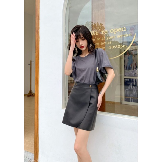 Rok Kulit Sintetis Premium Leather Mini Skirt Wanita High Waist Casual Elegan Model Wrap Body Aksen Kancing Pinggang