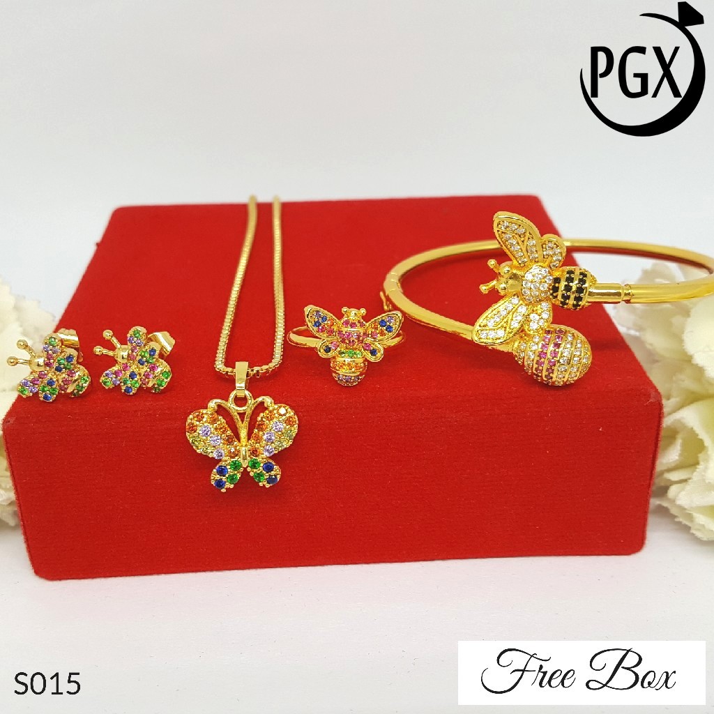 PGX Set Perhiasan Xuping Cincin Gelang Kalung Anting Lapis Emas - S015