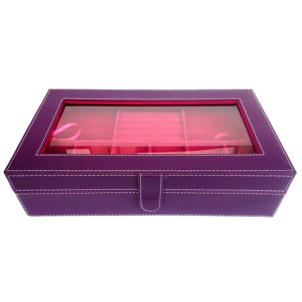 [Kualitas Super] 3 in 1 Kotak Jam Tangan isi 6 + Kotak Perhiasan + ACC - 31x18x8 cm - Ungu Fanta