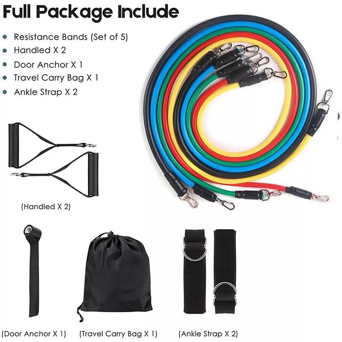 Power Resistance Band 11 Pcs Home Set Tali Tarik Karet Gym Yoga Fitness Alat Olahraga Chest Expander
