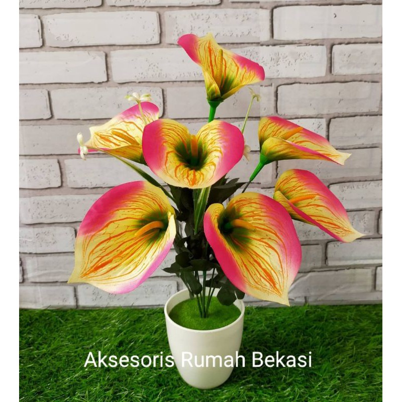 Set bunga plastik anthurium/bunga lilly/bunga Aron panda dengan pot lumut melamin bulat-6
