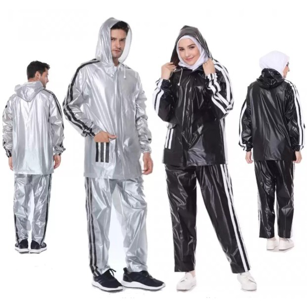 Jas Hujan Setelan Bromo Mantel Coat Jaket Celana PVC Press Silver Hitam Garis Samping Kantong