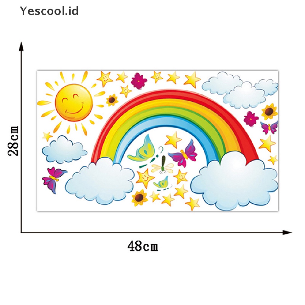 【Yescool】 Pretty Shining Stars On Rainbow Cloud Butterflies Wall Stickers Room Decor Decal .