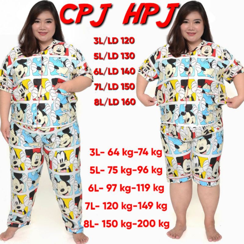 PIYAMA JUMBO CELANA PENDEK WANITA LD 130 120 SET BAJU TIDUR CEWEK DEWASA SETELAN KATUN KARAKTER-MIKEY KOTAK RED