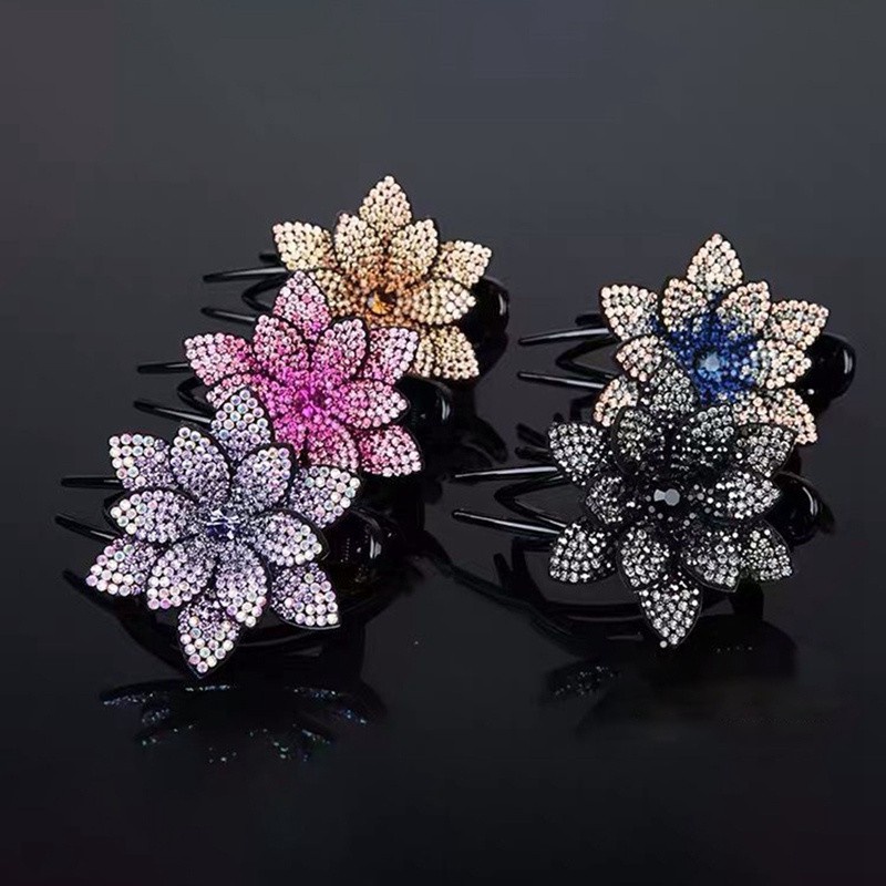 Rhinestone Double Flower Hair Clip Flexible Durable Women Dovetail Hair Clip