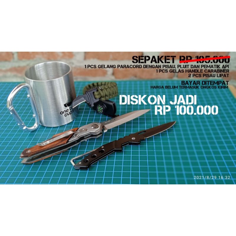 sepaket gelas handle carabiner, 2 pisau lipat dan gelang paracord dengan pisau, pluit dan api