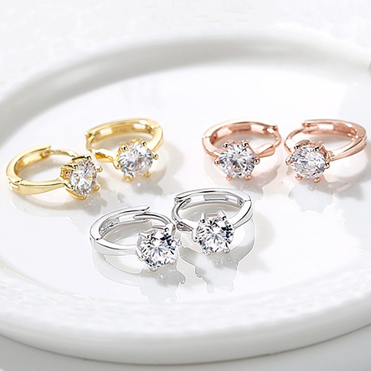 Anting Stud Zircon Berlian Bentuk Panah Bulat Warna Silver Gaya Korea Untuk Wanita