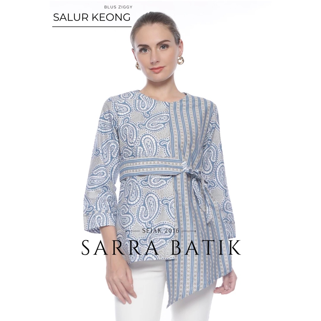 Blus Ziggy Tali Salur Keong Biru Batik Atasan Batik Muslim Tali Obi Kantor Kerja Casual Modern