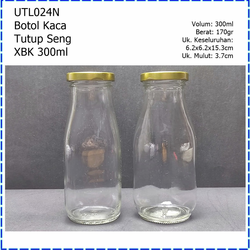 UTL024N Botol Kaca/Botol Susu/Botol Madu/Botol Jus Kaca TEBAL Tutup Seng XBK 300ml