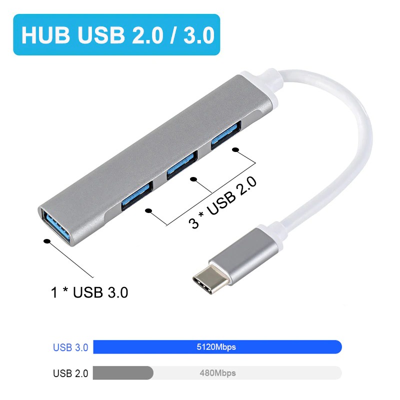 MLLSE USB HUB Type C Adapter High Speed 4 Port Aluminium - Silver - 7RUA3RSV