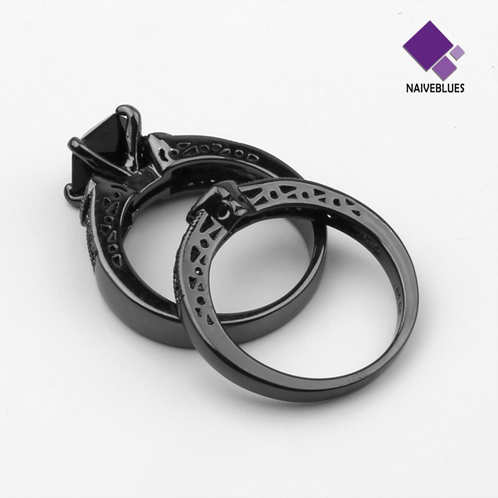 Naiveblue 2Pcs / Set Cincin Pria / Wanita Hias Zircon Hitam Untuk Hadiah
