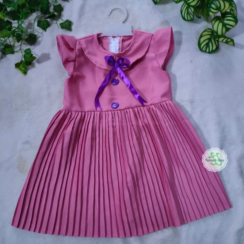 Dress anak 1 2 tahun rok plisket baju anak cewek perempuan marun lime pink ( dress plisket  azumi)