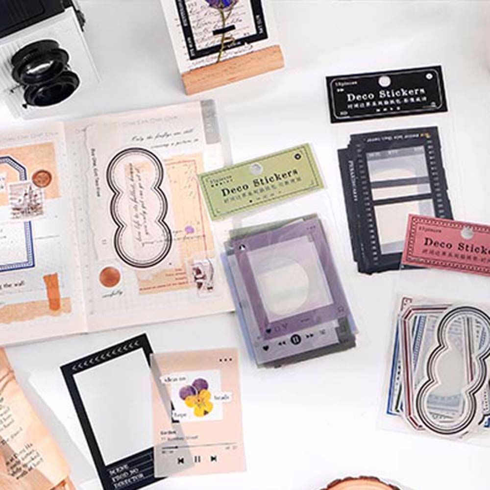 ELEGANT Diy Card Frame Series Stickers Transparent Vintage Gear of Memory PET Stickers 15pcs Time Boundary Series Photo Album Decorative Scrapbooking Background Decorative Junk Journal Decorative Frame Series Stickers Stationery Stickers