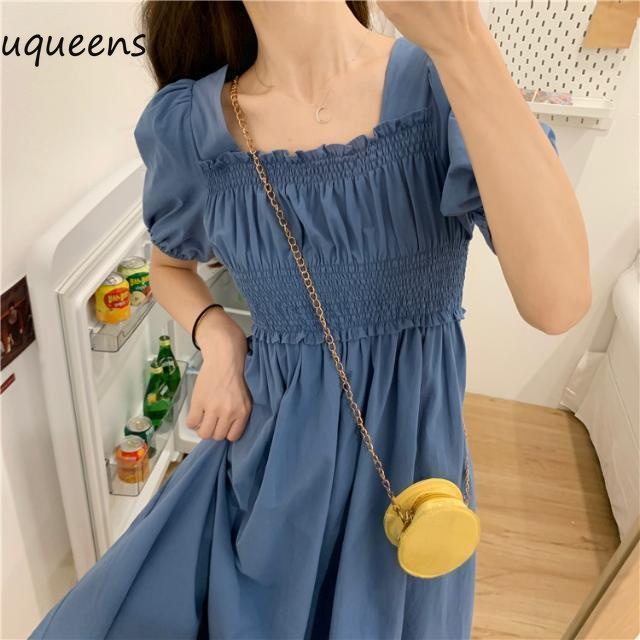Gaun lengan pendek leher persegi gelembung panjang retro baru biru dan hitam