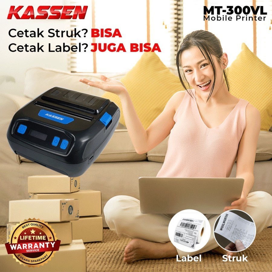 Printer Label Thermal Kassen MT300VL 80mm Moblie Printer Bluetooth