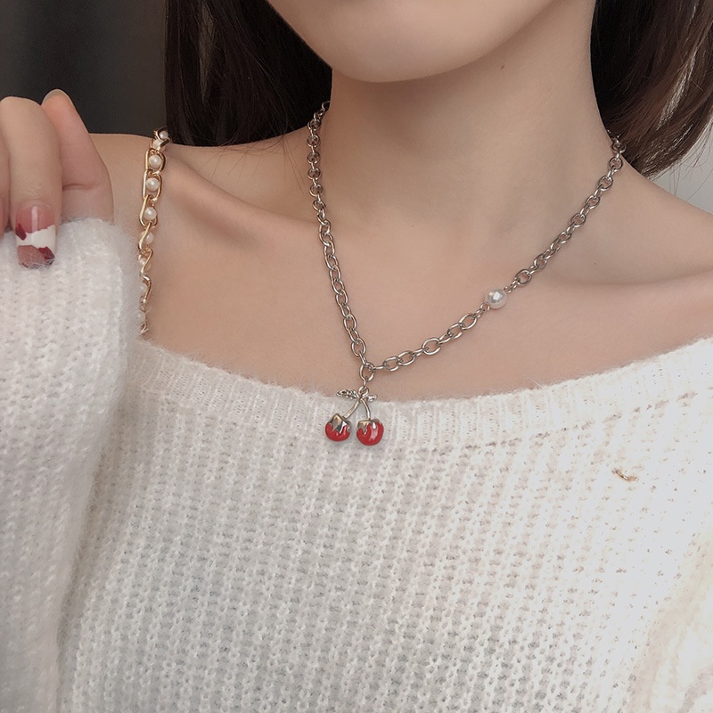 Kalung Liontin Cherry Warna Hitam Merah Bahan Titanium Steel Gaya Hip Hop Eropa Amerika