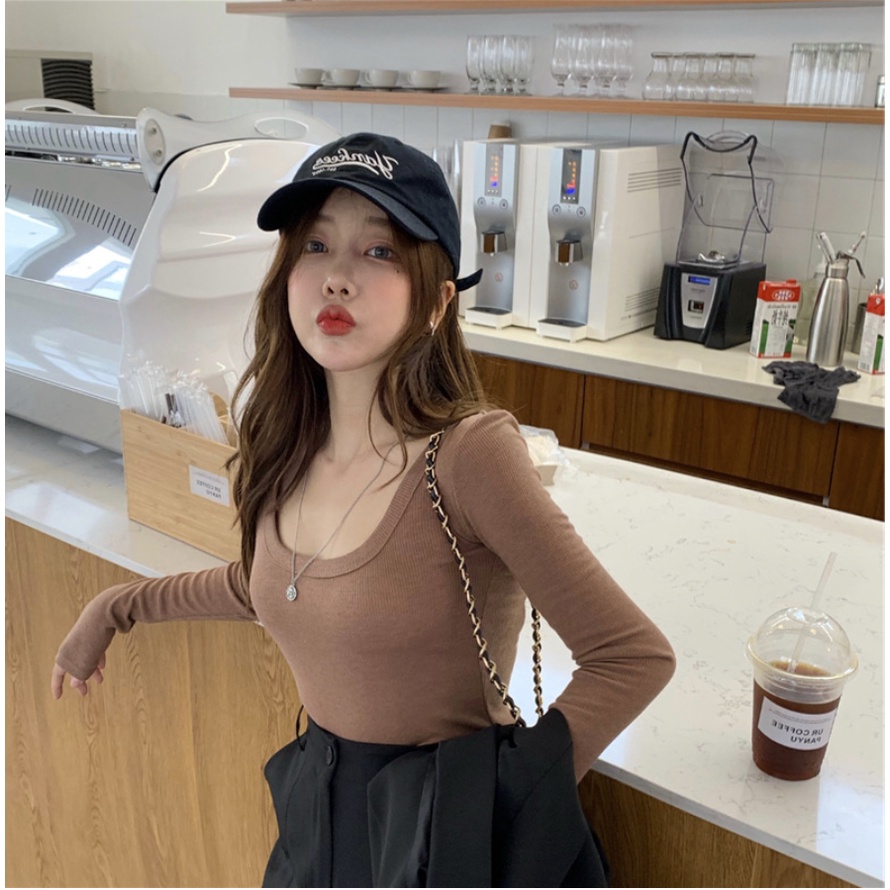 GirlWish Fashion Korean Crop Knit Top Long Sleeve U-Neck Knit Top Atasan Crop Lengan Panjang Atasan Wanita LS001