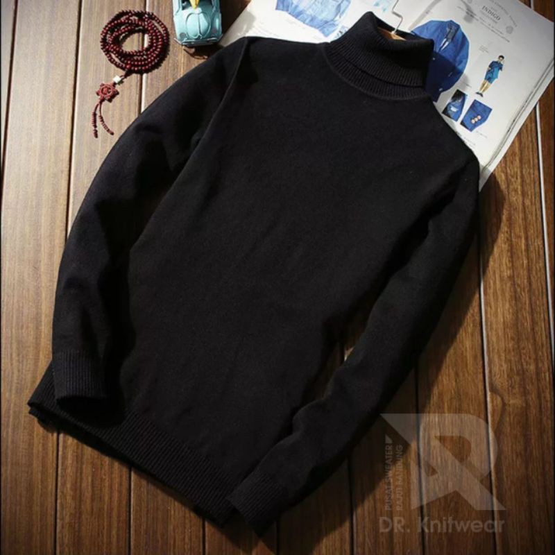 Rajut Turtleneck Sweater Cowok Black - Sweater Rajut Kerah Tinggi Katun Pria Premium