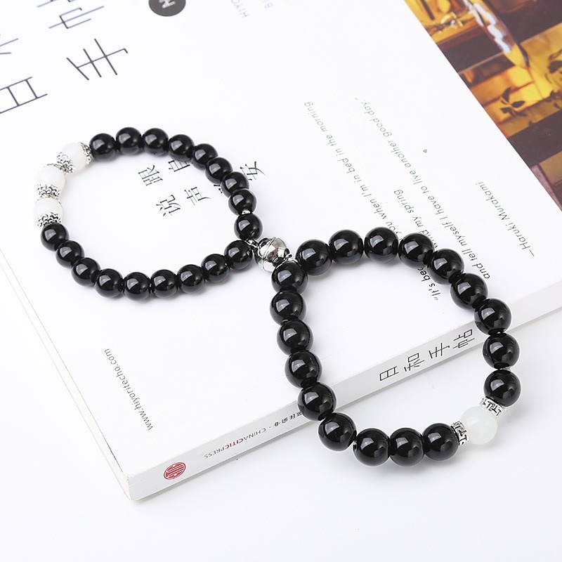 2 Pasang Gelang Manik-Manik Obsidian Imitasi Adjustable Warna Hitam Untuk Pasangan