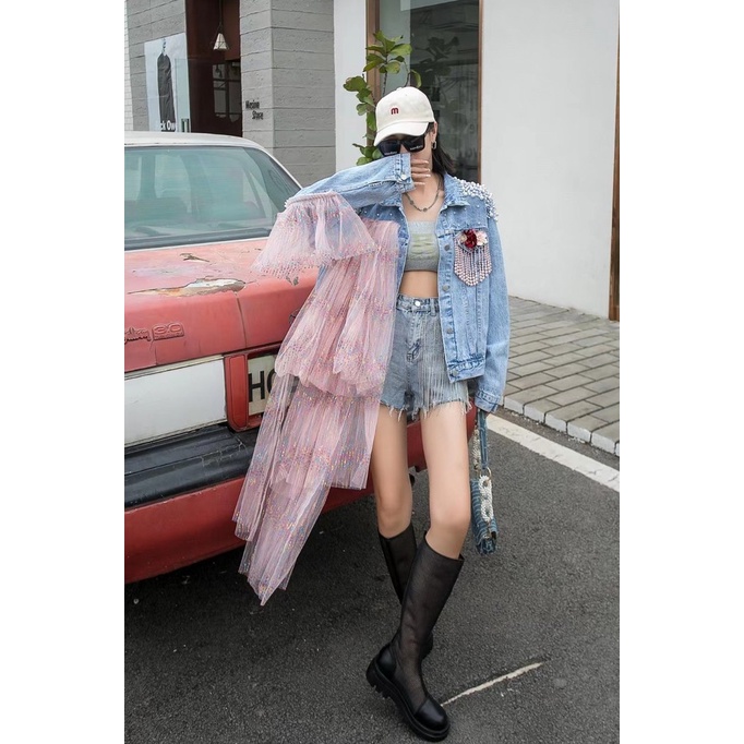 Jaket Cewek Jeans Remaja Gaul Unik Trendi Lucu 2023 2022 Musim semi BaruNew Eropa Patchwork kuku bea