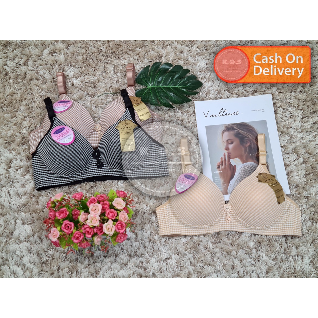 Bra bh Busa Tipis Motif Kotak-Kotak Size 36-42 Kait 3 Tanpa Kawat