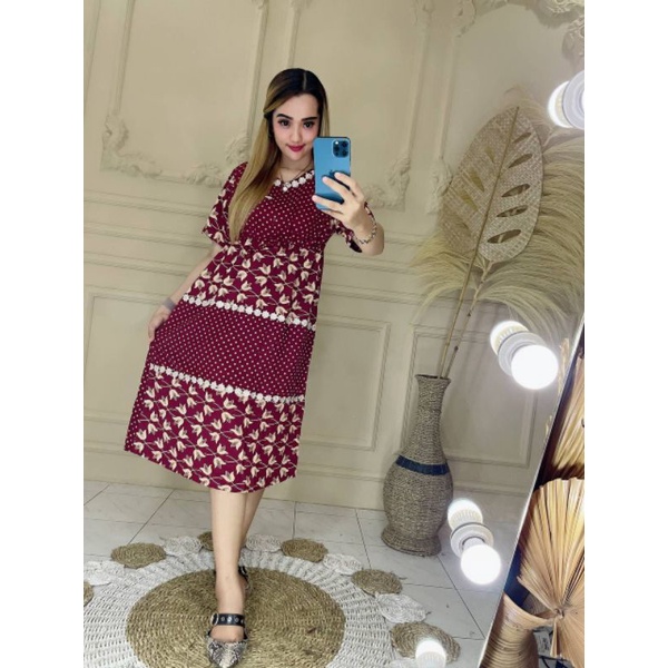 Daster Susun 2 Motif Kekinian Isyana Sarasvati Rayon Resleting Depan Busui Bunga Tulip ft Polkadot