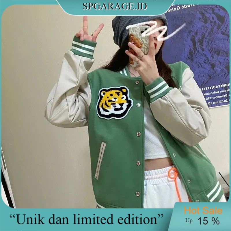 Tiger Head Jaket Basebal Jacket Varsity Base Ball Wanita Versity Jeket Vintage Baseball Motif Terbar