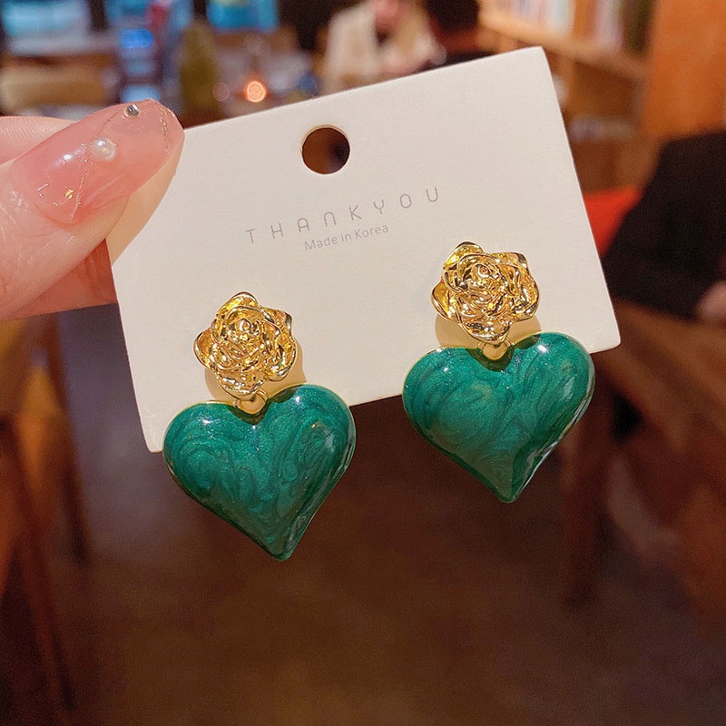 Anting Tusuk Gantung Bahan Sterling silver 925 Desain Hatibunga Mawar Hijau Untuk Wanita