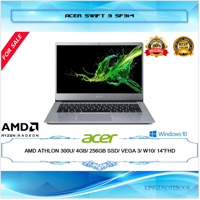 LAPTOP ACER SWIFT 3 ACER DAY ATHLON 300U 4GB 256GB WIN10 14"FHD Silver