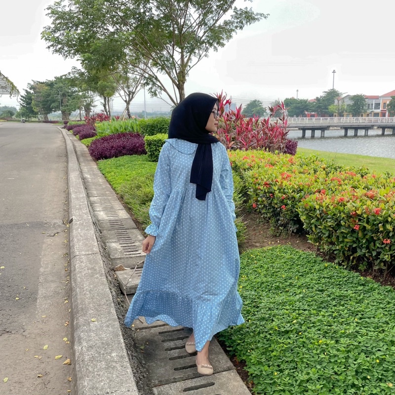READY / BISA COD / POLKA MAXI DRESS / DRESS POLKADOT PANJANG KATUN JEPANG