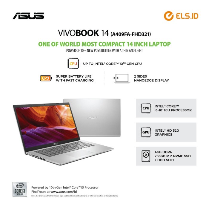 Asus VivoBook A409FA-FHD321 - Silver [i3 10110U-4GB-SSD 256GB]