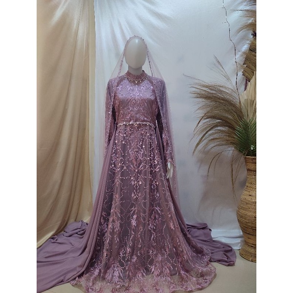 gaun pengantin muslimah syar'i taro gaun walimah gaun akad couppel  wedding dress muslimah syar'i ga