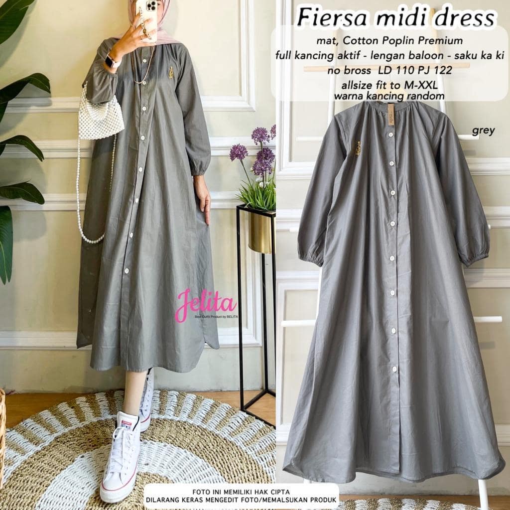 Tunik Panjang Kekinian Fiersa Midi Dress Atasan Katun Long Tunik Kancing Depan Gamis Midi Dress Baju Remaja Wanita