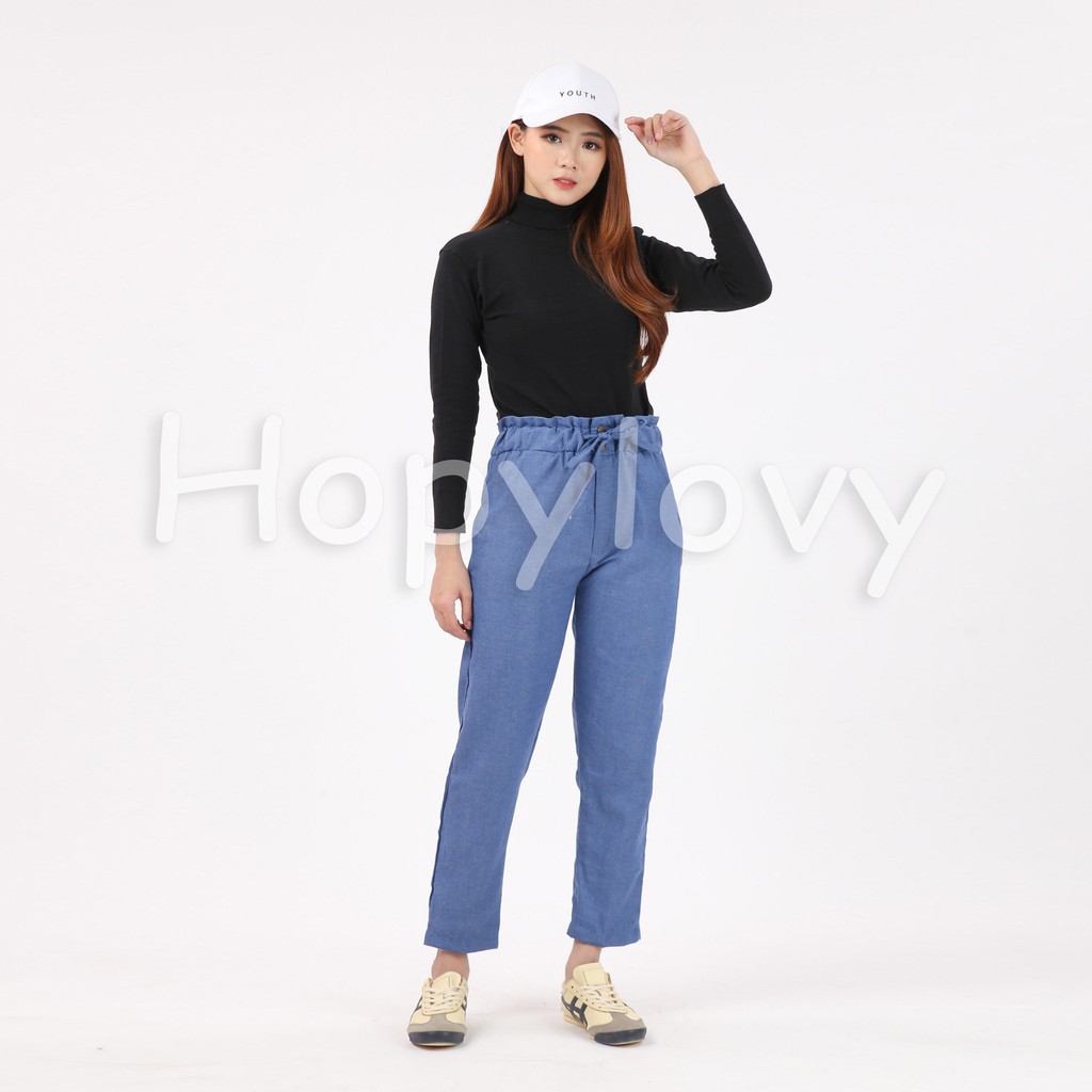 HOPYLOVY - Celana Panjang Wanita Katun Denim Full Pinggang Karet / Miya Pants