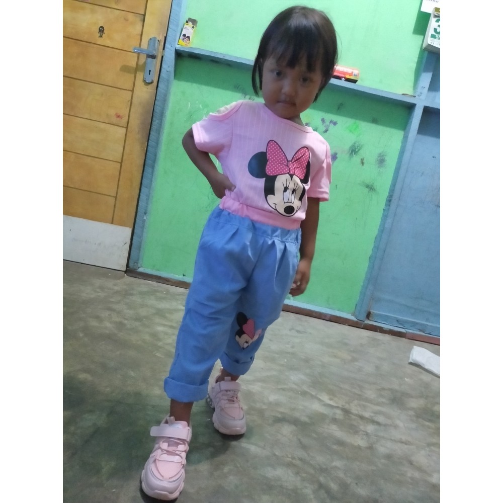 BAJU ANAK SETELAN  STRIPE MINNIE PINKY  1 2 3  4TAHUN