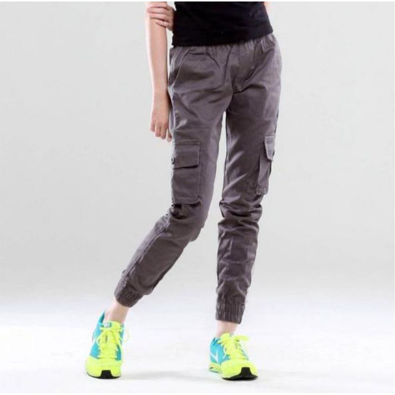 Celana Jogger Cargo Wanita Katun Stretch Pinggang Karet