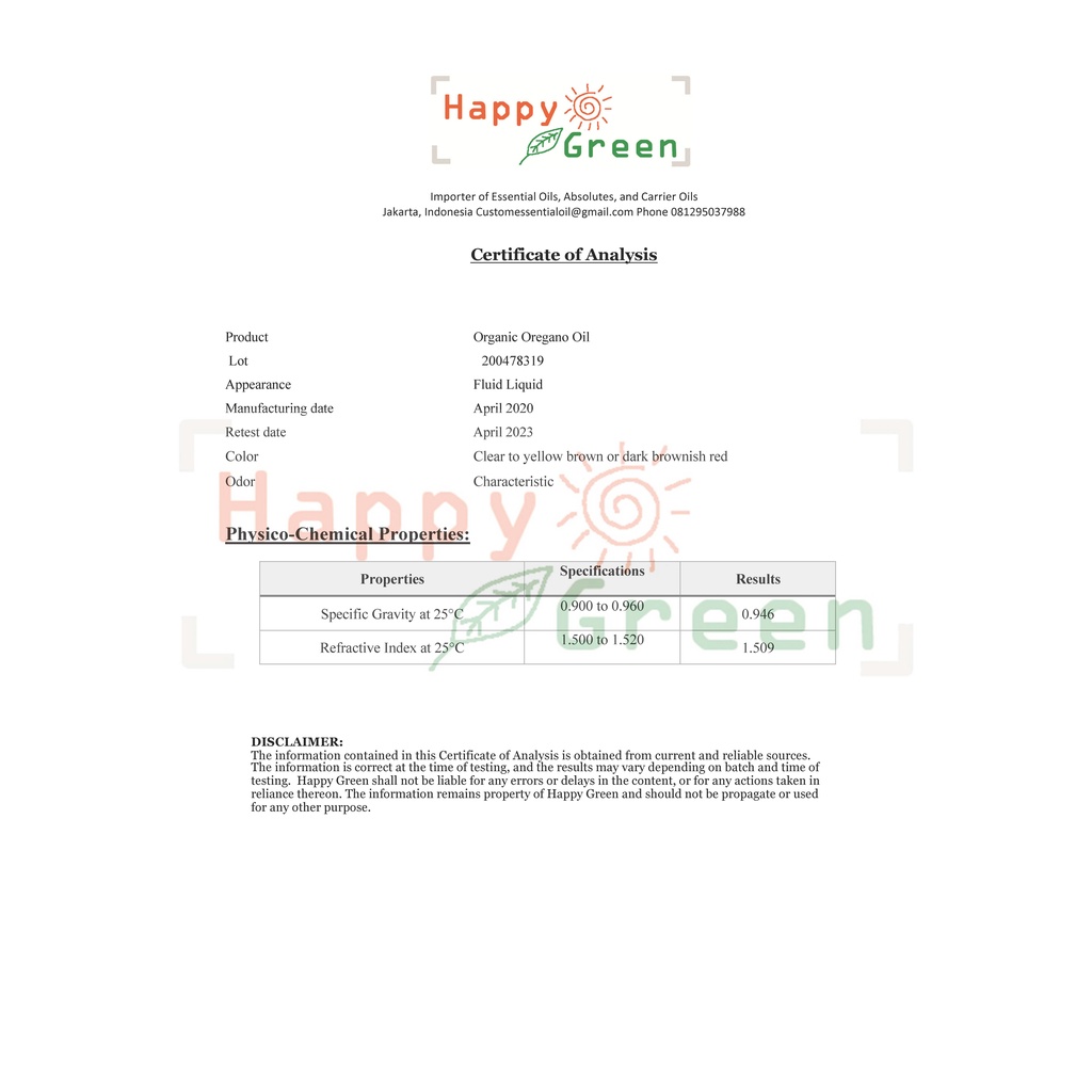 Happy Green ORGANIC Oregano Essential Oil  - Minyak Oregano Organik