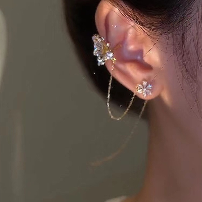 Anting Rumbai Desain Bunga Kupu-Kupu One Piece Aksen Berlian Zircon Gaya Korea Untuk Wanita