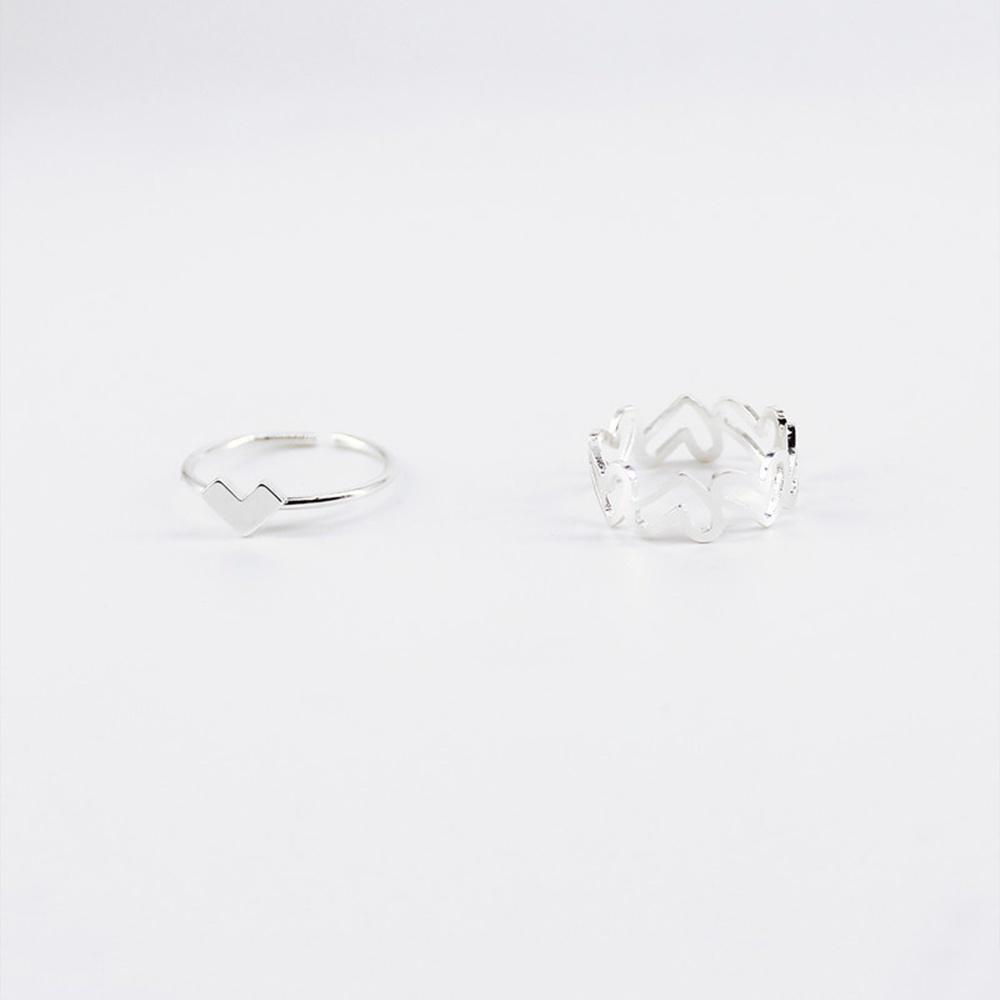 2pcs / Set Cincin Bentuk Hati Geometris Model Terbuka Bahan Logam Lapis Perak Untuk Wanita