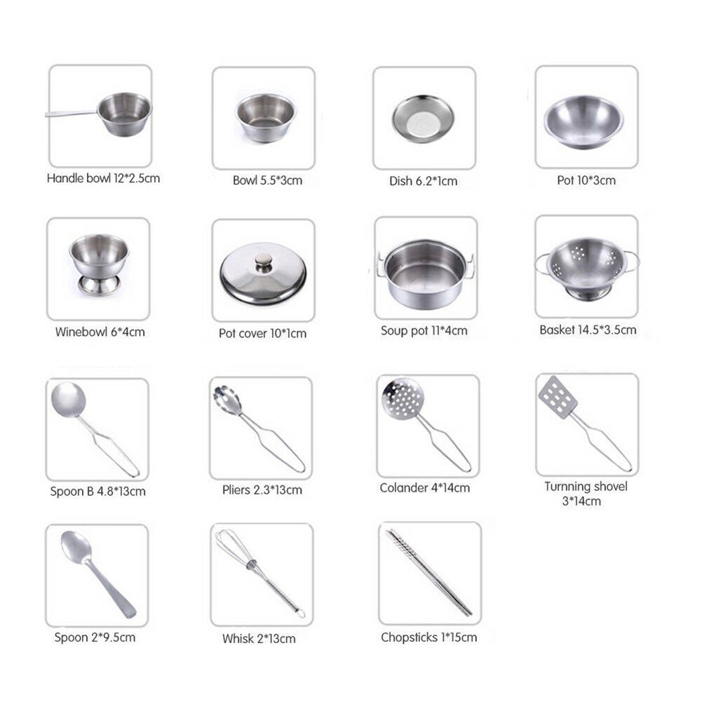 16Pcs Peralatan Dapur Bahan Stainless Steel untuk Bermain Peran-8