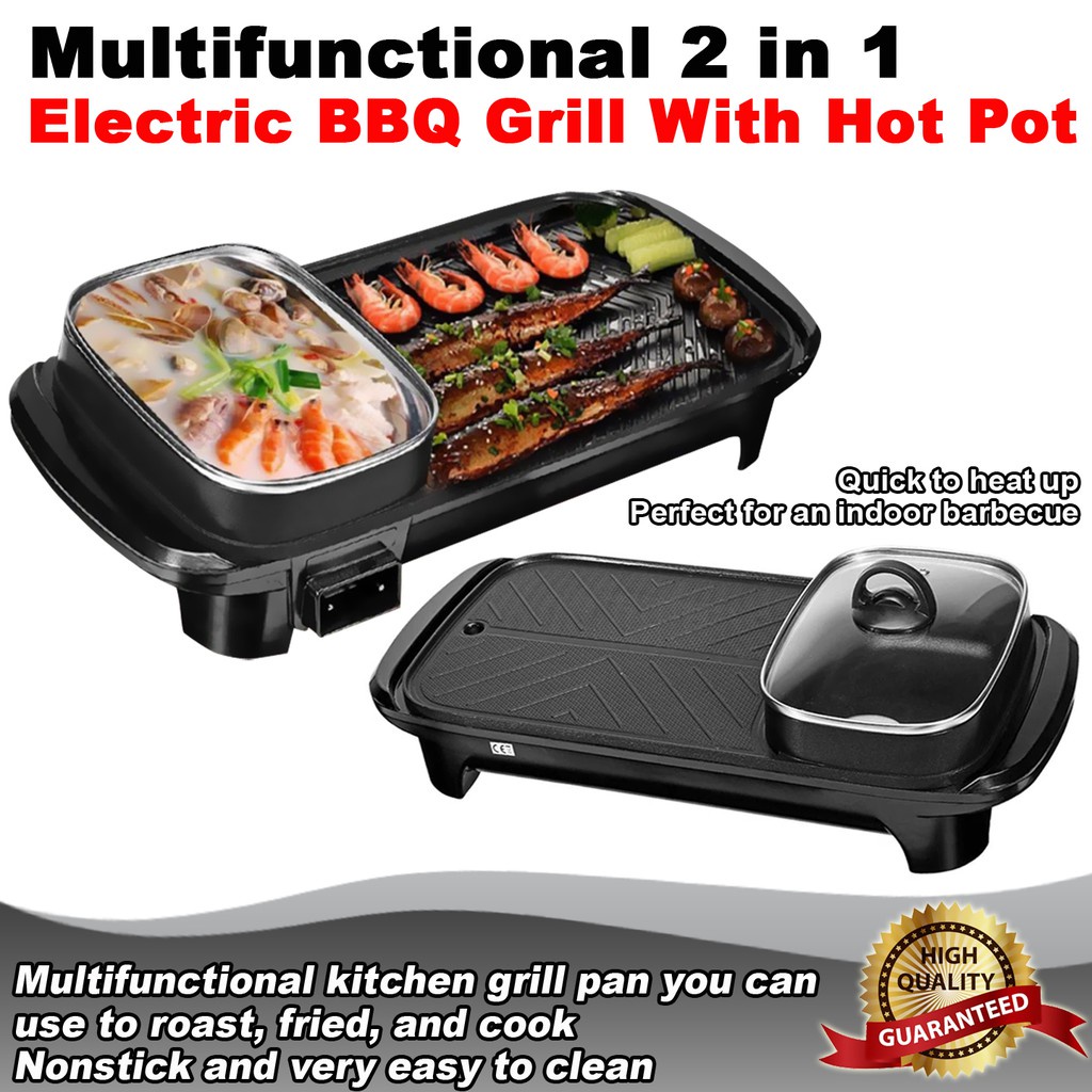 Rumah_kita2020 Elektrik 2 in 1 Teppanyaki Jumbo Panjang Pan Shabu 1246- Steamboat BBQ Grill Pan HOT POT BBQ 2 IN 1 BAKAR BAKSO Sate Sosis Rebus Goreng Bakar Panci Listrik Barbeque Steamboat Teppanyaki Panggangan