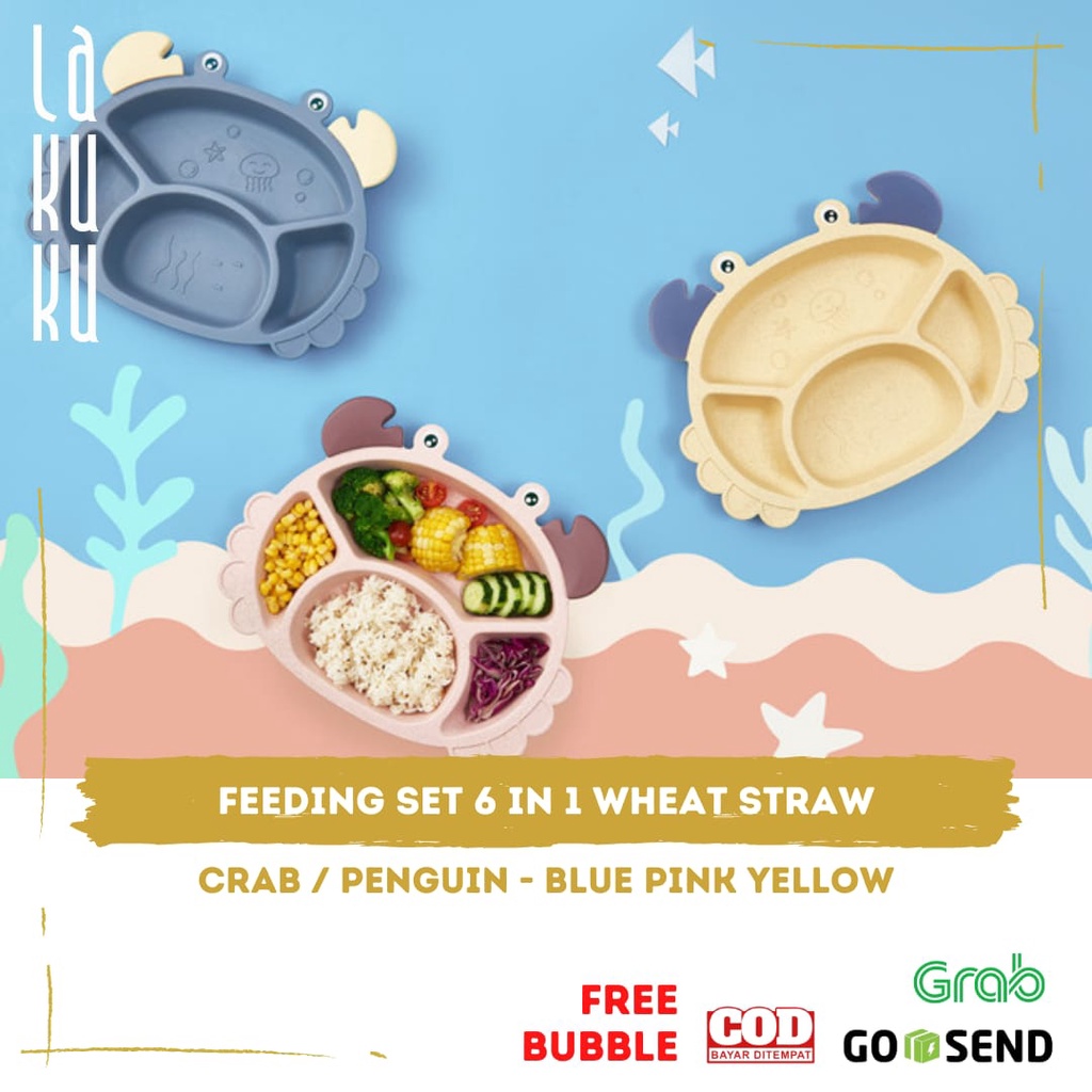 Lakuku - Feeding set 6 in 1 Crab Penguin wheat straw Peralatan Makan Anak Piring Gelas Mangkuk jerami gandum