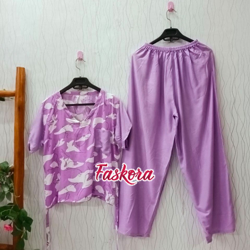 Set Rayon Jumbo Lengan Pendek Piyama Dewasa Wanita Pakaian Tidur Rayon Premium Celana Panjang Army